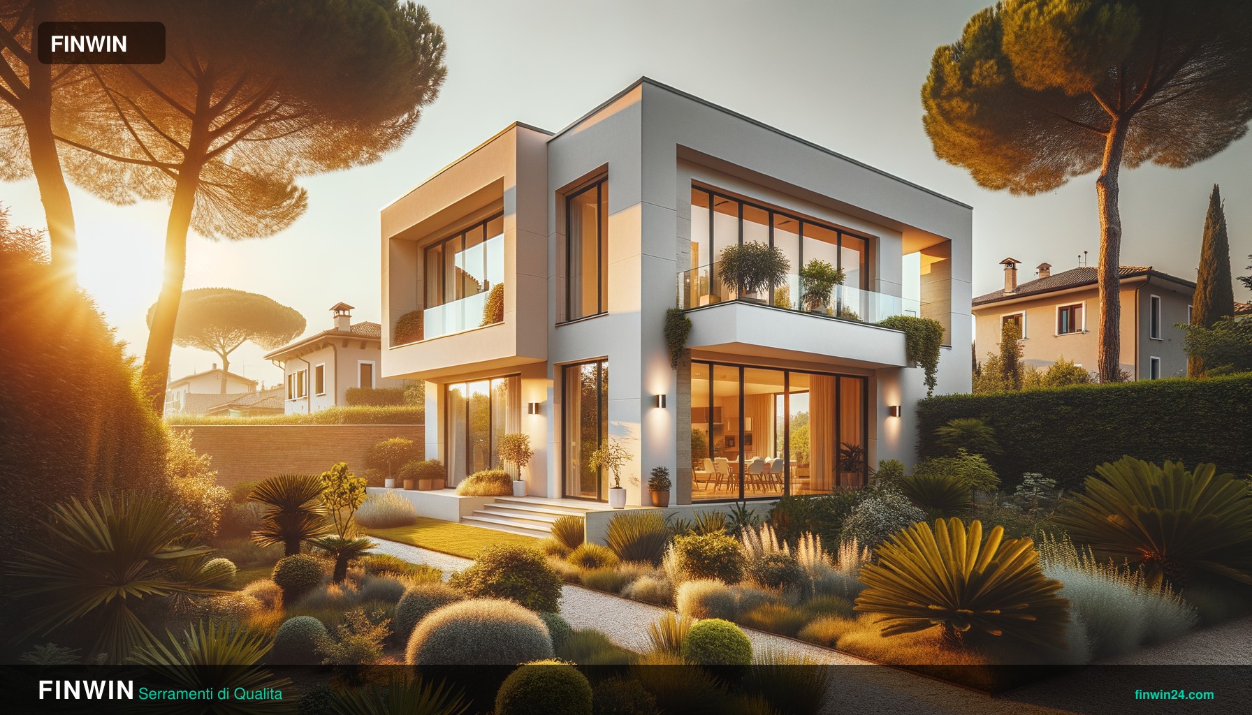 Villa italiana con serramenti in alluminio e vetrate panoramiche