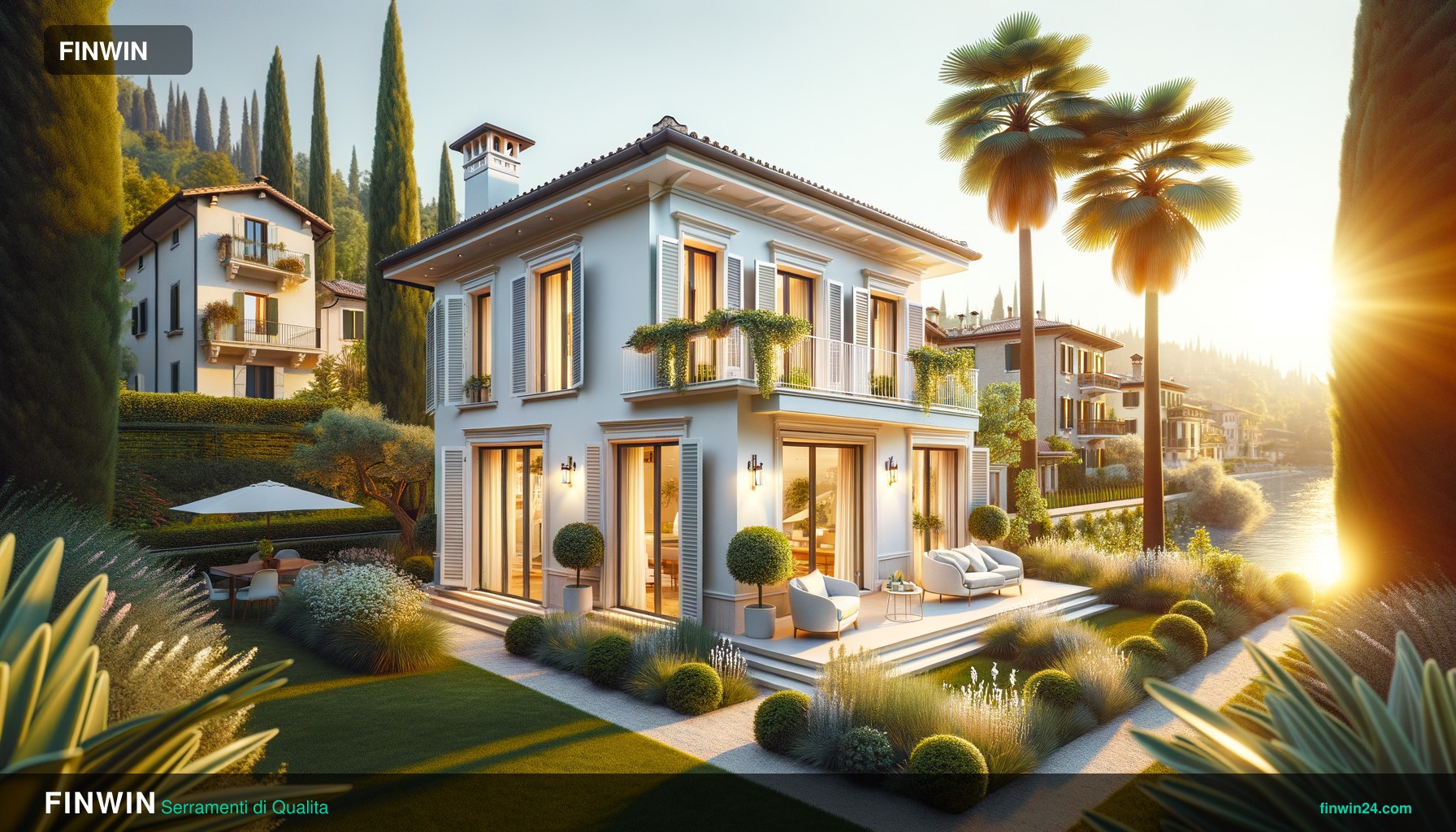 Villa italiana con serramenti in alluminio e vetrate panoramiche