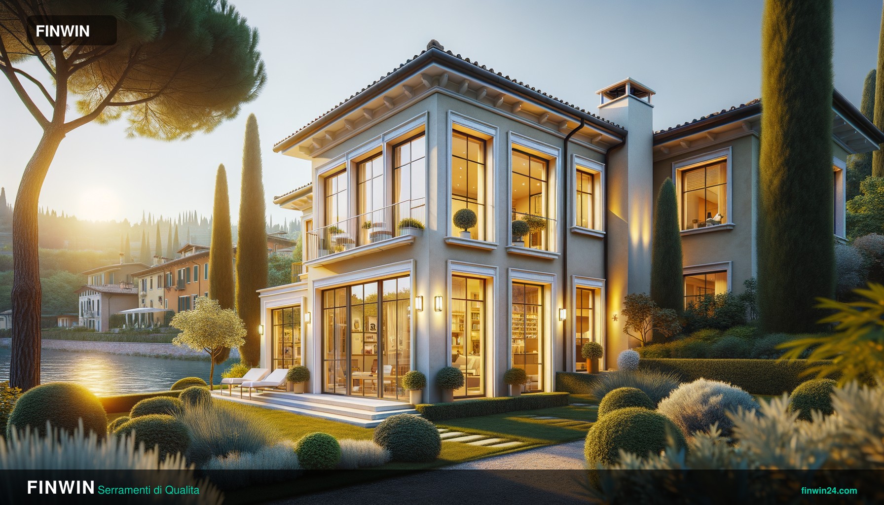 Villa italiana con serramenti in alluminio e vetrate panoramiche