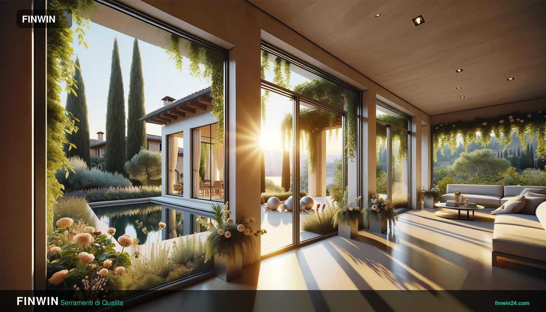 Villa italiana con serramenti in alluminio e vetrate panoramiche