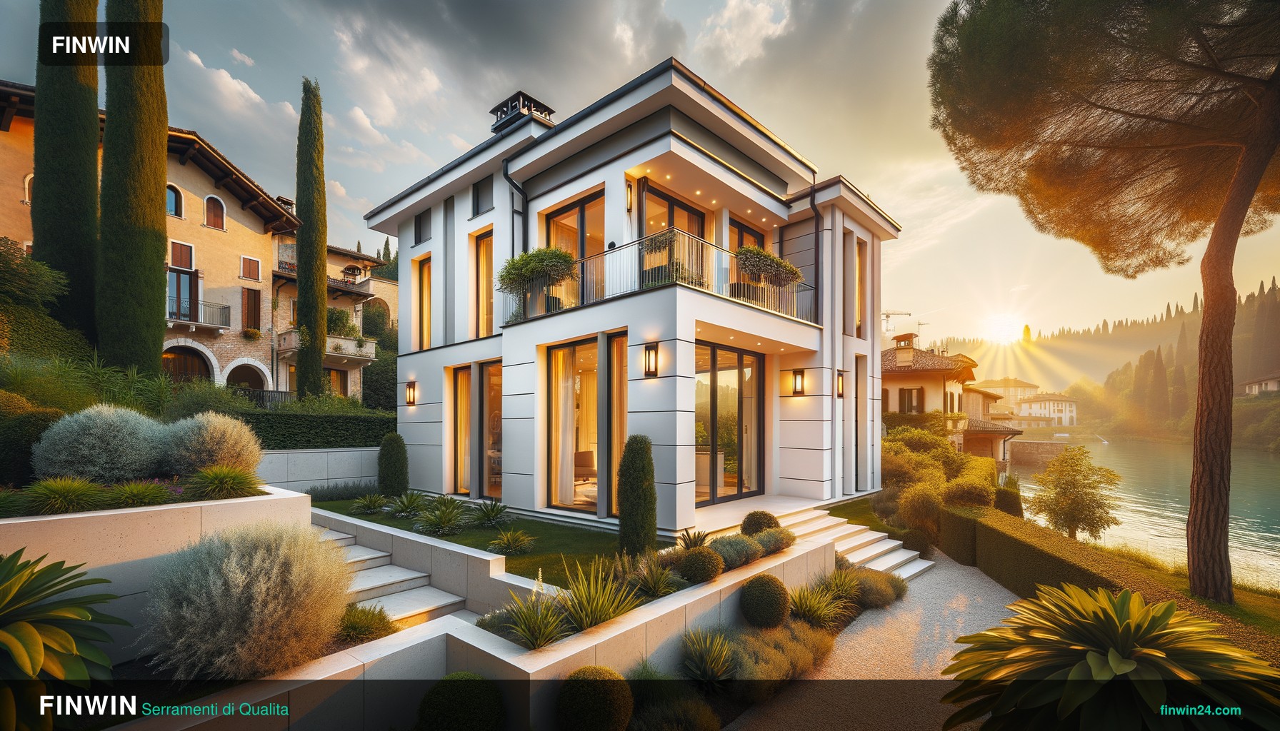 Villa italiana con serramenti in alluminio e vetrate panoramiche